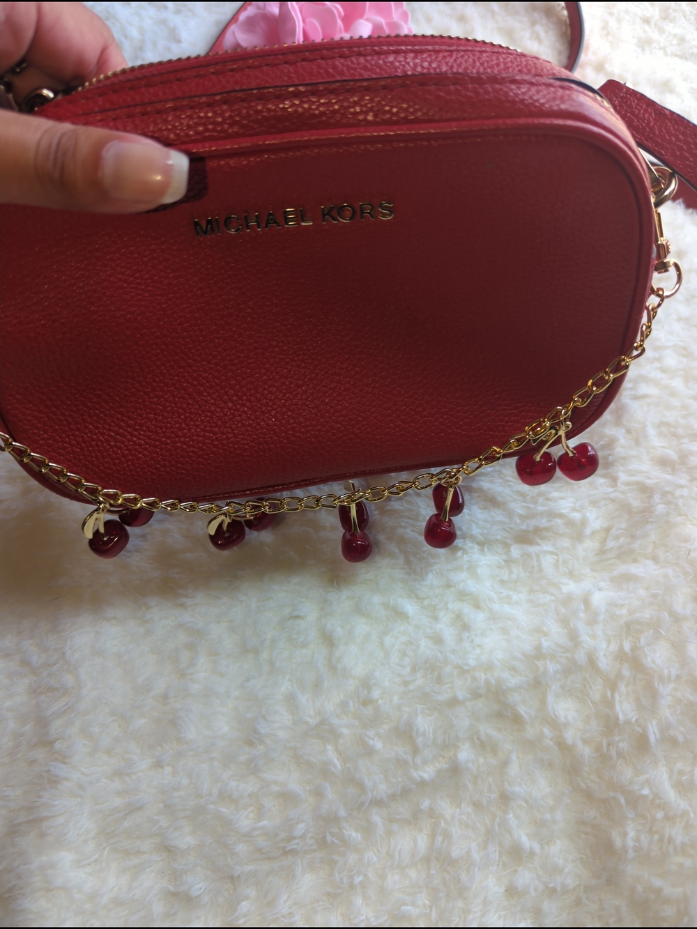 Michael Kors Red Pebbled Leather Crossbody with Cherry Chain Charm Cute - Picture 2 of 5
